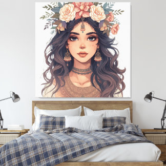 Beautiful Floral Anime Girl – Soft Pastel Aesthe Canvas Print