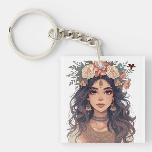 Beautiful Floral Anime Girl – Soft Pastel Aesthe Keychain (Front)