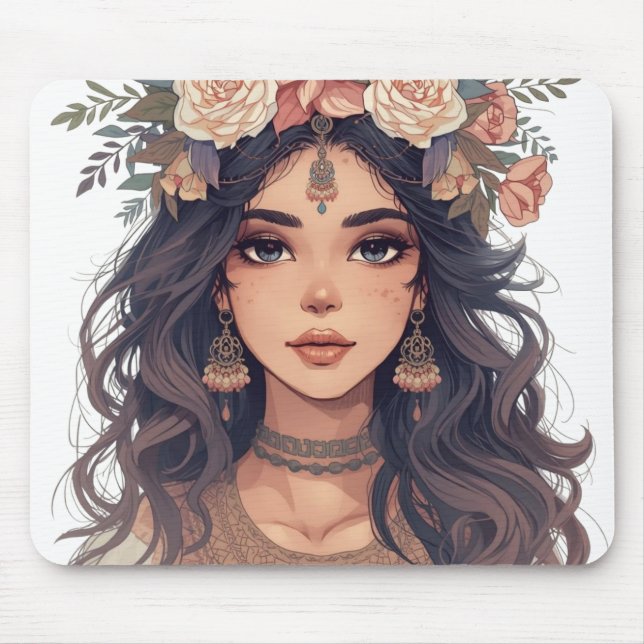 Beautiful Floral Anime Girl – Soft Pastel Aesthe Mouse Pad (Front)