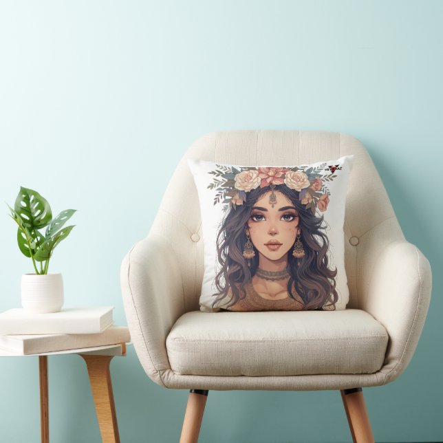 Beautiful Floral Anime Girl – Soft Pastel Aesthe Throw Pillow (Chair)
