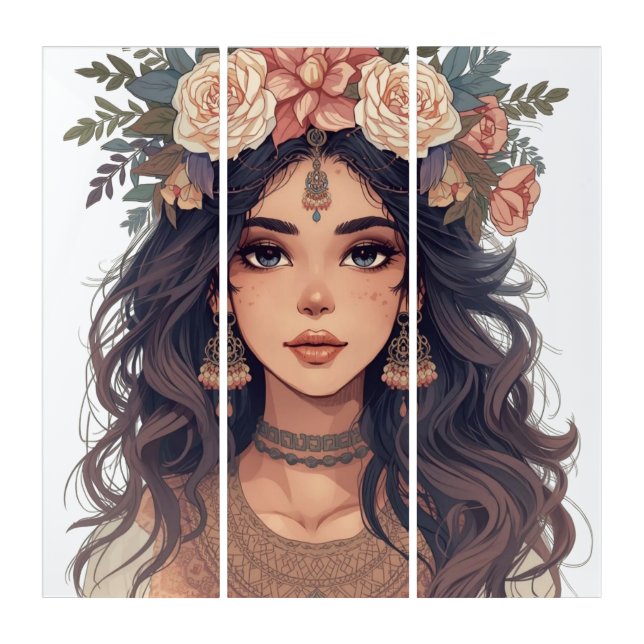 Beautiful Floral Anime Girl – Soft Pastel Aesthe Triptych (Front)