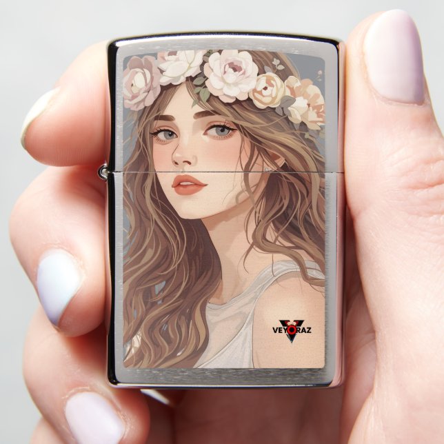 Beautiful Floral Anime Girl – Soft Pastel Aesthe Zippo Lighter (In Hand)