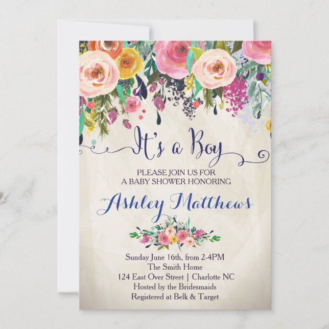 Beautiful Floral Baby Shower Invitation, Baby Invitation (Front)