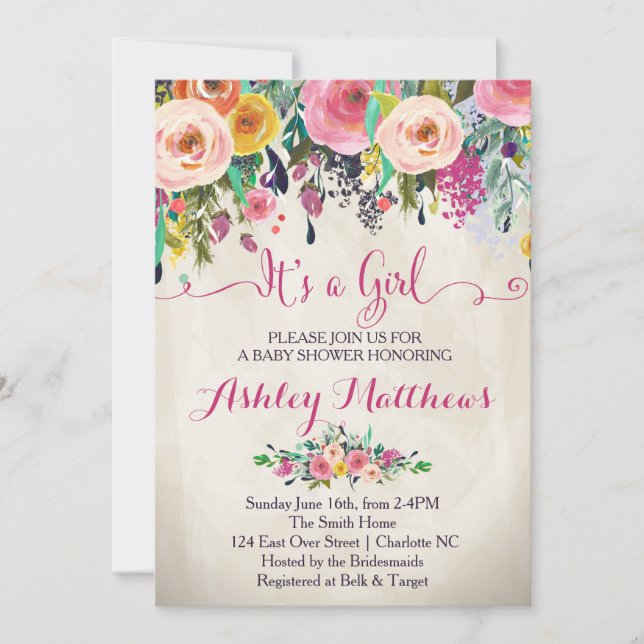 Beautiful Floral Baby Shower Invitation, Baby Invitation (Front)