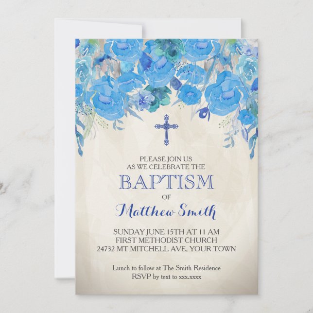 Beautiful Floral Baptism Invitation, Baby Invitation (Front)