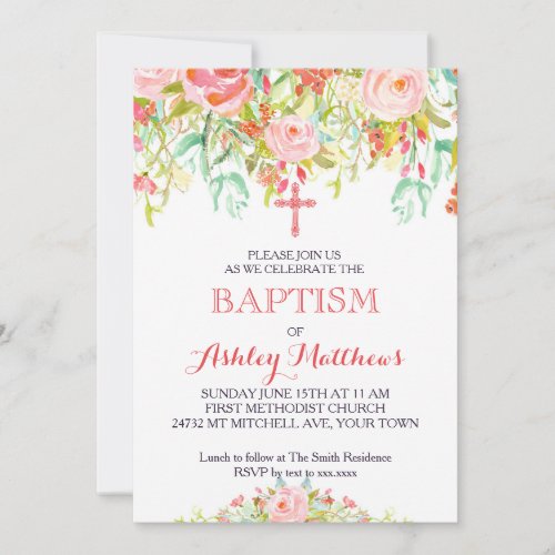 Beautiful Floral Baptism Invitation Baby Invitation