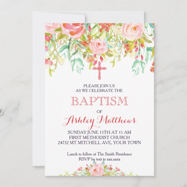 Beautiful Floral Baptism Invitation, Baby Invitation (Front)