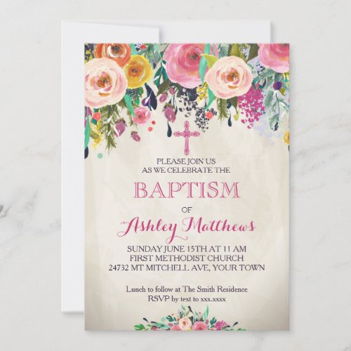 Beautiful Floral Baptism Invitation Baby Invitation
