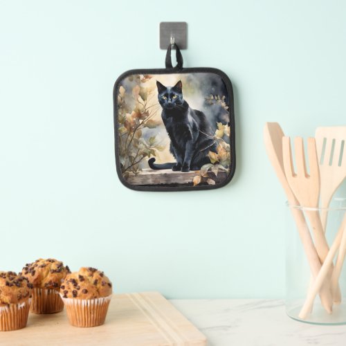 Beautiful Floral Black Cat Pot Holder