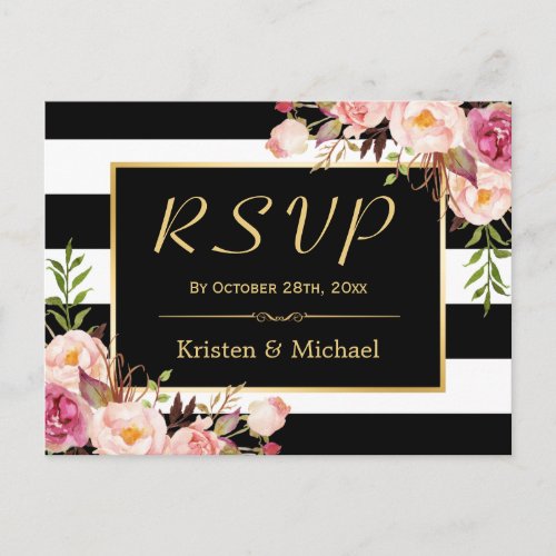 Beautiful Floral Black White Stripes Wedding RSVP Invitation Postcard