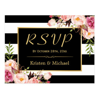 Beautiful Floral Black White Stripes Wedding RSVP Postcard