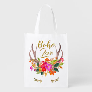 Beautiful floral Boho Love Reindeer Antlers Lashes Grocery Bag