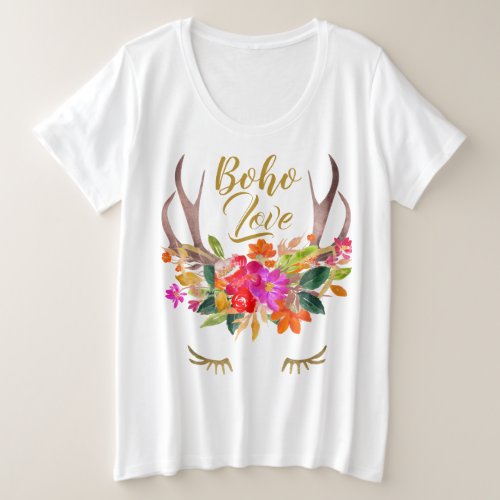 Beautiful floral Boho Love Reindeer Antlers Lashes Plus Size T_Shirt