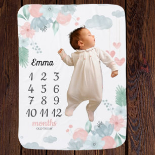 Beautiful Floral Boho Monthly Milestone with Name Baby Blanket