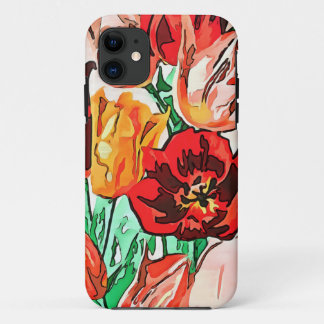 Beautiful Floral Bouquet Tulips Black Outline Art iPhone 11 Case