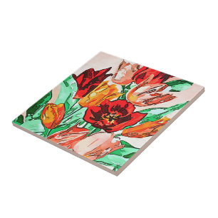 Beautiful Floral Bouquet Tulips Black Outline Art Ceramic Tile
