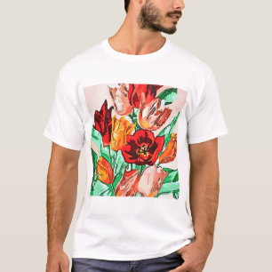 Beautiful Floral Bouquet Tulips Black Outline Art T-Shirt