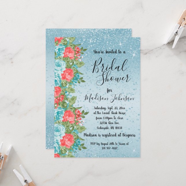 Beautiful Floral Bridal Shower - Blue & Coral Invitation (Front/Back In Situ)