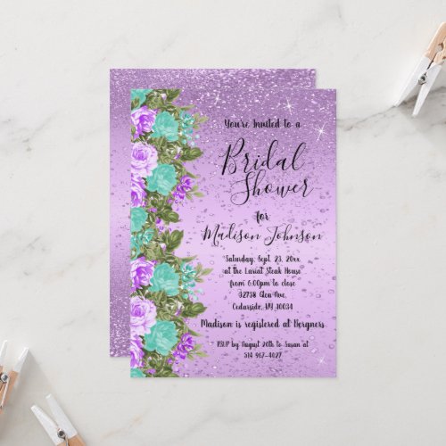 Beautiful Floral Bridal Shower _ Purple  Teal  Invitation