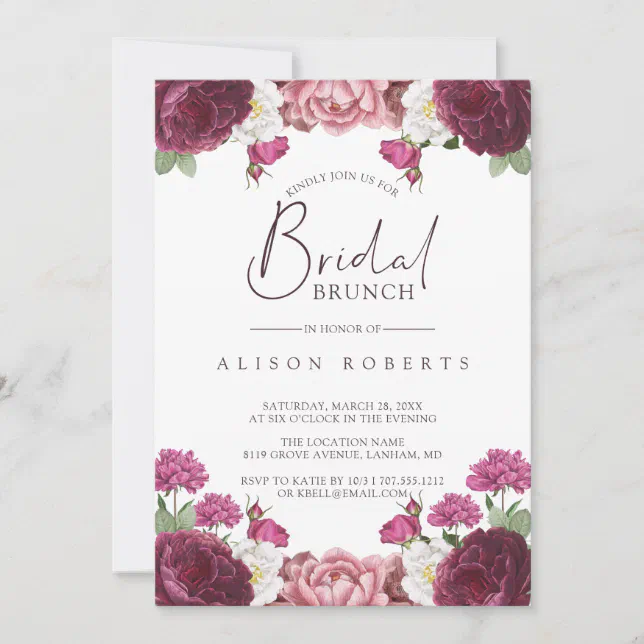 Beautiful Floral Burgundy Bridesmaids Brunch Invitation | Zazzle