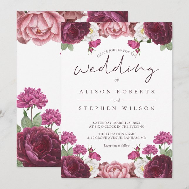 Beautiful Floral Burgundy Wedding Invitation (Front/Back)