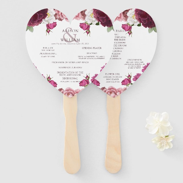 Beautiful Floral Burgundy Wedding Program Hand Fan (Front and Back)