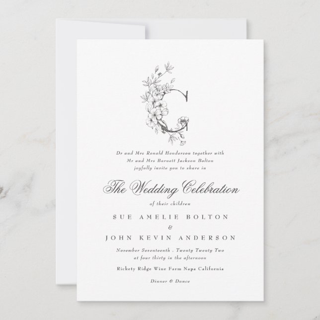 Beautiful Floral 'C' Monogram Sketched Wedding Invitation (Front)