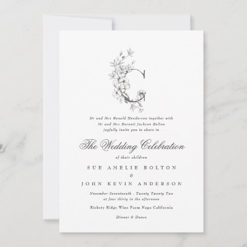 Beautiful Floral C Monogram Sketched Wedding Invitation