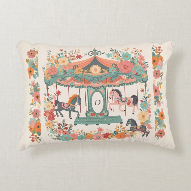 Beautiful Floral Carousel Horse Custom Monogram Accent Pillow (Front)