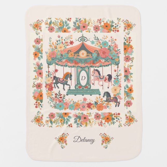 Beautiful Floral Carousel Horse Custom Monogram Baby Blanket (Front)