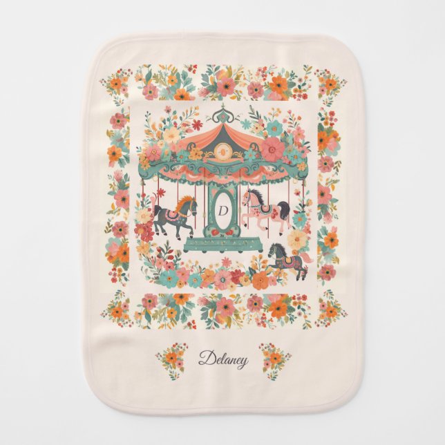 Beautiful Floral Carousel Horse Custom Monogram Baby Burp Cloth (Front)