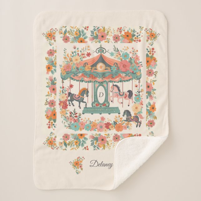 Beautiful Floral Carousel Horse Custom Monogram Sherpa Blanket (Front)