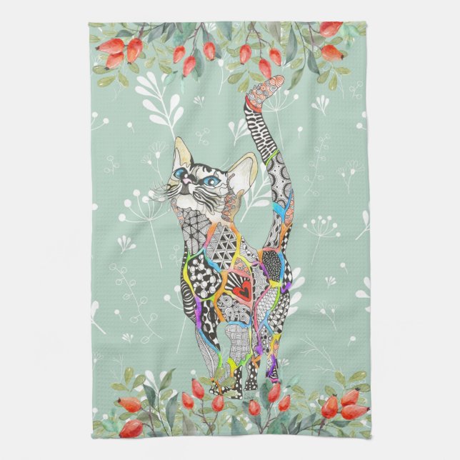 Beautiful Floral Cat Kitten Kitchen Towel (Vertical)