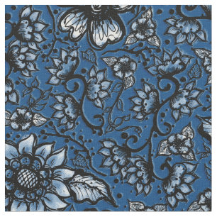Beautiful Floral Classic Blue and Black Fabric