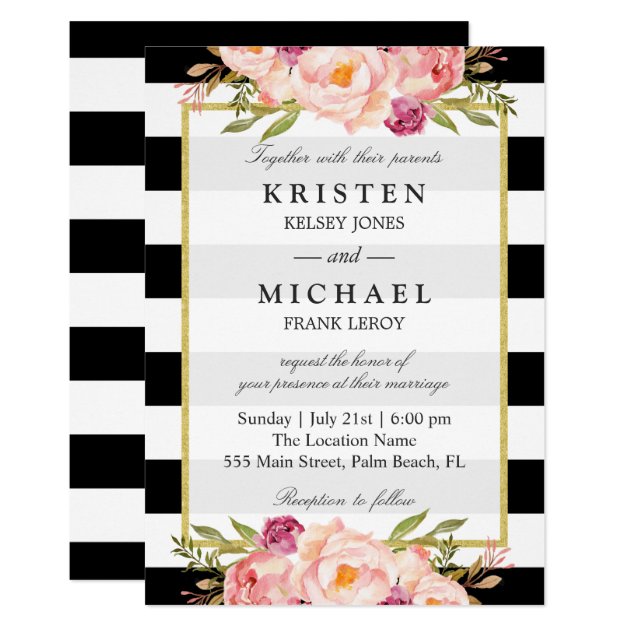 Beautiful Floral Classy Stripes Formal Wedding Invitation