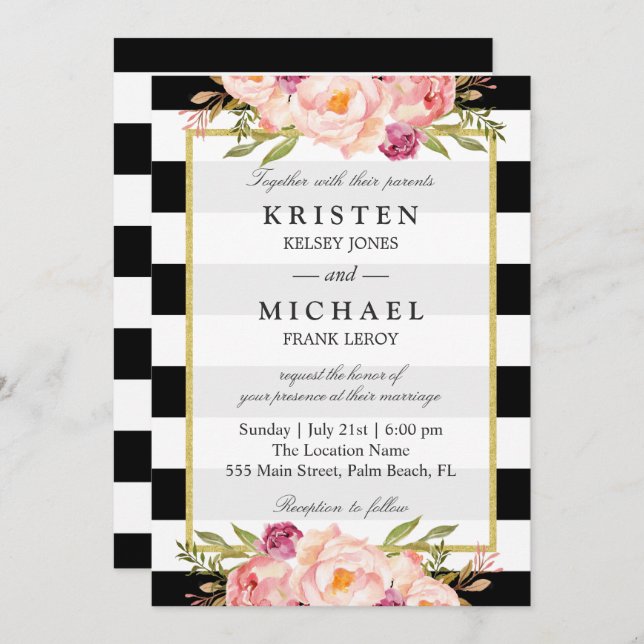 Beautiful Floral Classy Stripes Formal Wedding Invitation (Front/Back)