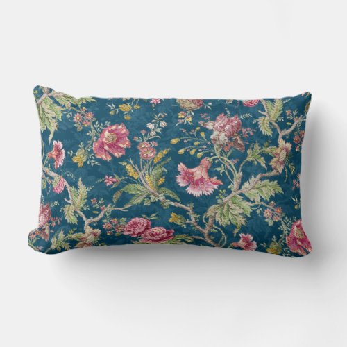 Beautiful Floral Colorful Flowers Blue Background Lumbar Pillow