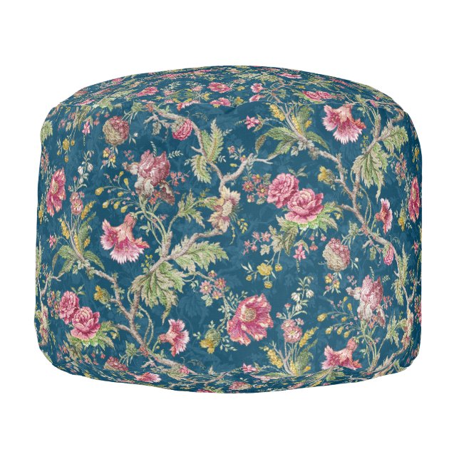 Beautiful Floral Colorful Flowers Blue Background Pouf (Left)