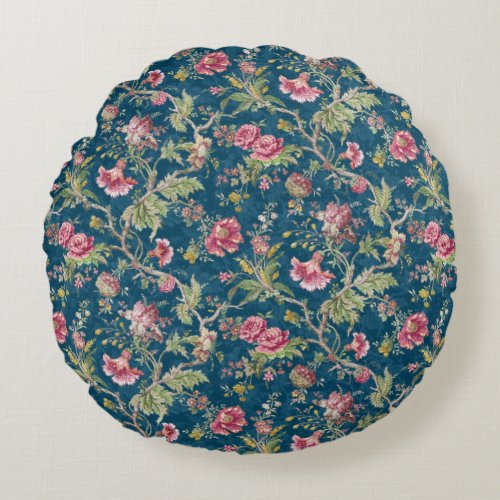Beautiful Floral Colorful Flowers Blue Background Round Pillow