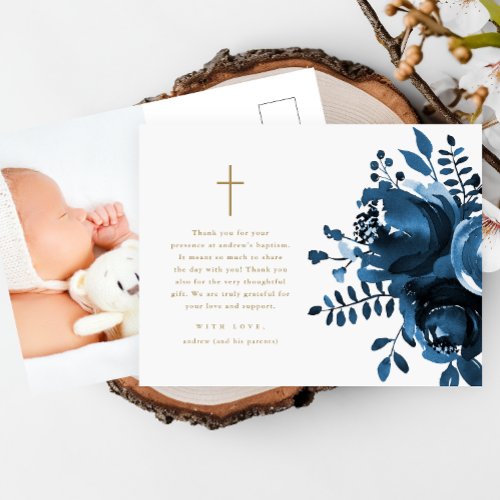 Beautiful Floral Cross Baptism Photo Thank You