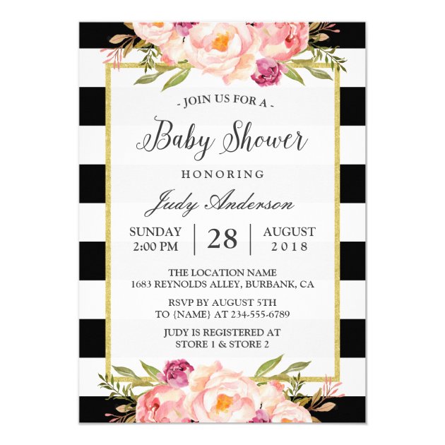 Beautiful Floral Decor Modern Stripes Baby Shower Invitation