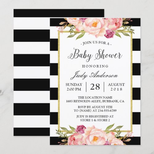 Beautiful Floral Decor Modern Stripes Baby Shower Card
