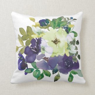 Beautiful Floral, Deep Purple and White Watercolor Throw Pillow