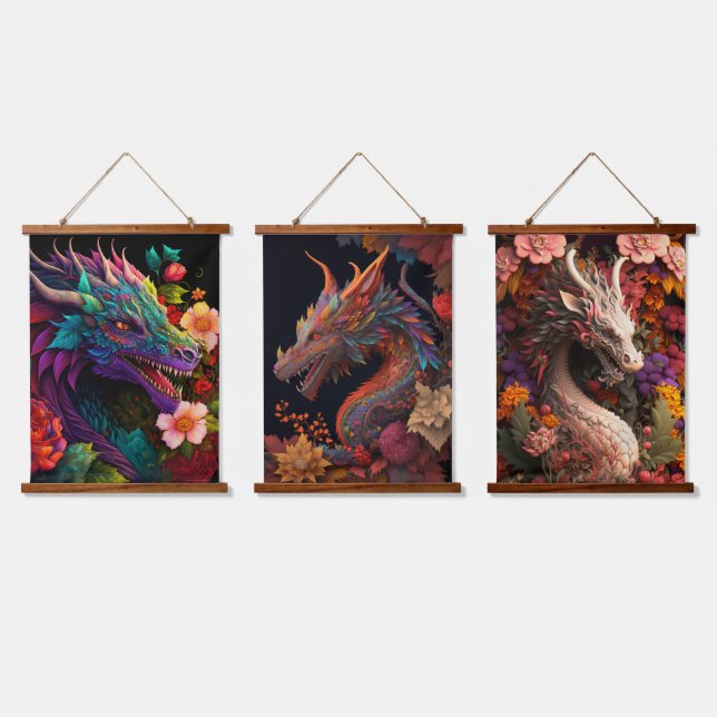 Beautiful Floral Dragons Hanging Tapestry (Triple)