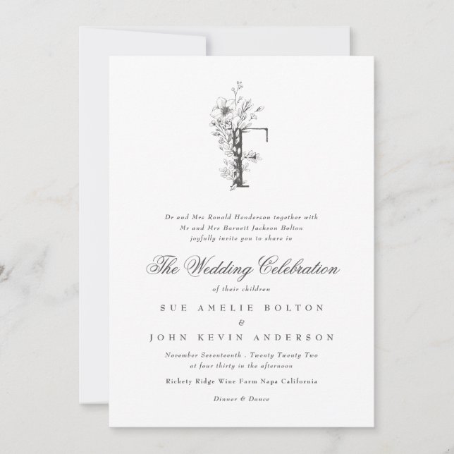 Beautiful Floral 'F' Monogram Sketched Wedding Invitation (Front)