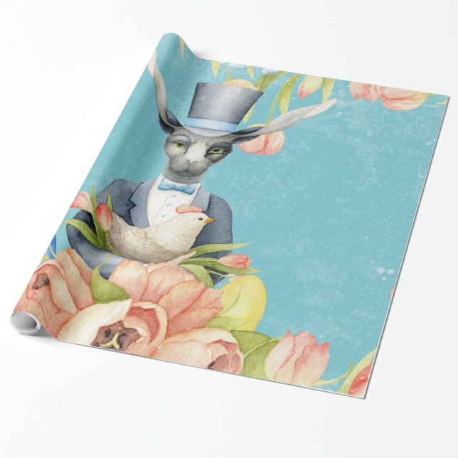 Beautiful Floral Flowers Animal Easter Bunny Wrapping Paper (Unrolled)