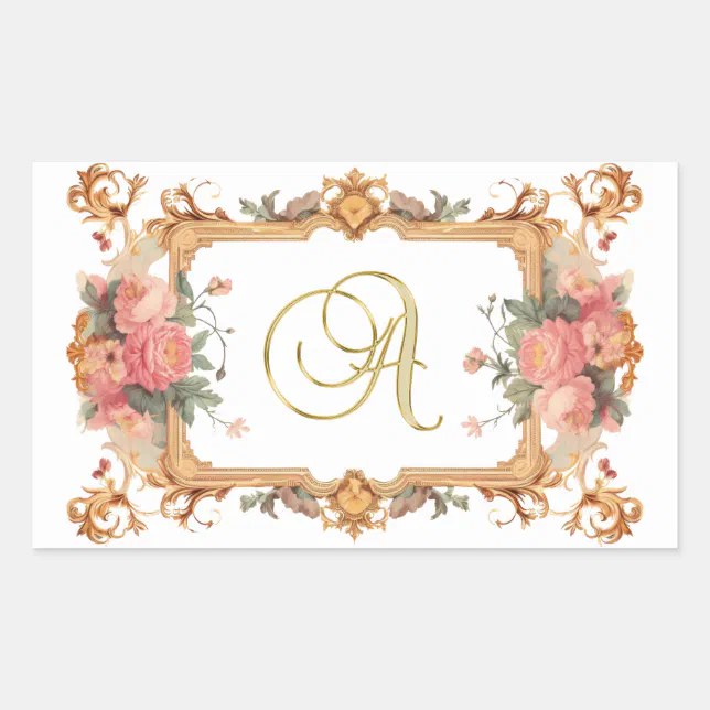 Beautiful floral frame, monogram A, AI generated, Rectangular Sticker ...