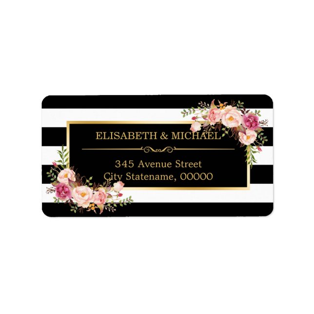 Beautiful Floral Gold Decor Black White Stripes Label (Front)