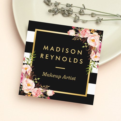 Beautiful Floral Gold Frame Black White Stripes Square Business Card