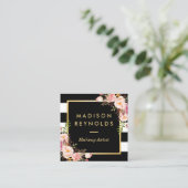 Beautiful Floral Gold Frame Black White Stripes Square Business Card (Standing Front)